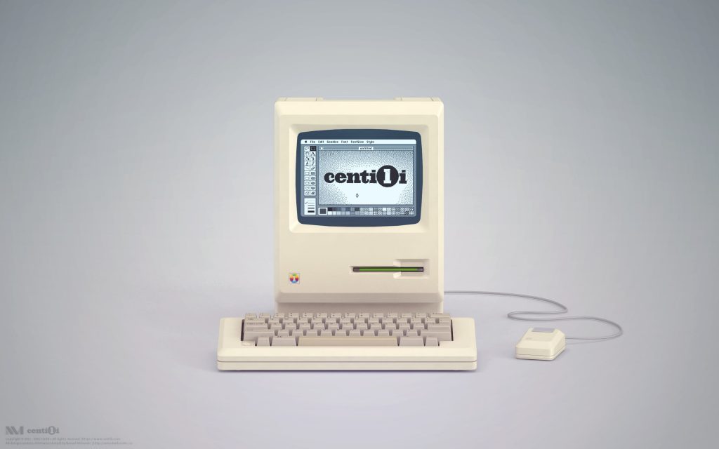 Classic Macintosh with Centili logo on screen in an ancient Photoshop predecessor app. 